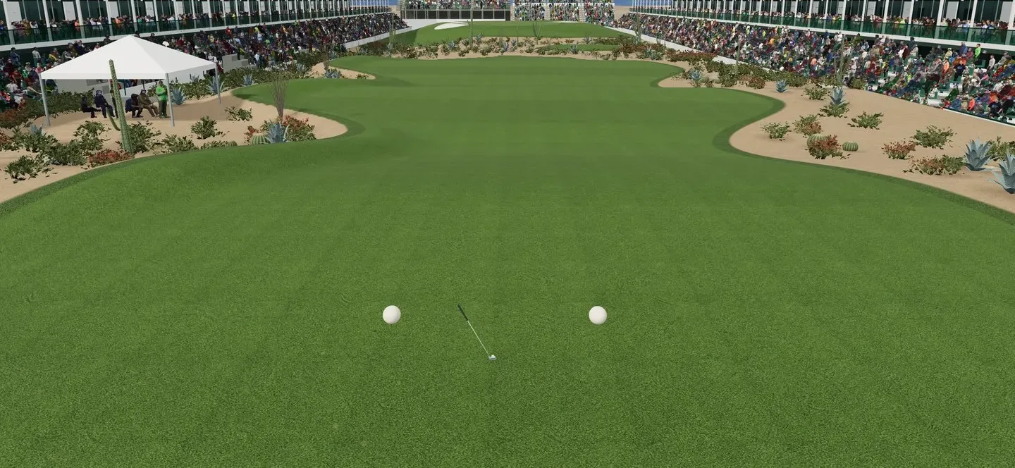 Desert Stadium from the tee: a par 3 framed by full spectator stands, from the game