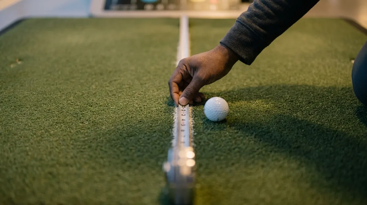 Nate setting a ball on a tape line on a range mat