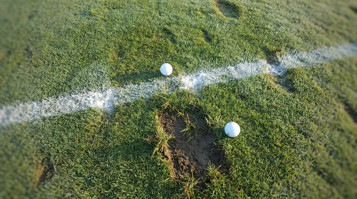 Looking straight down at the range turf: a ball sitting on a sprayed chalk line, and a fresh divot just ahead of the line on the target side.