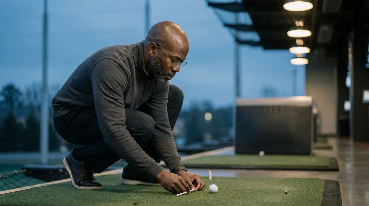 Nate crouched on a hitting mat at dusk, setting a line just behind the ball before the Thursday group arrives.