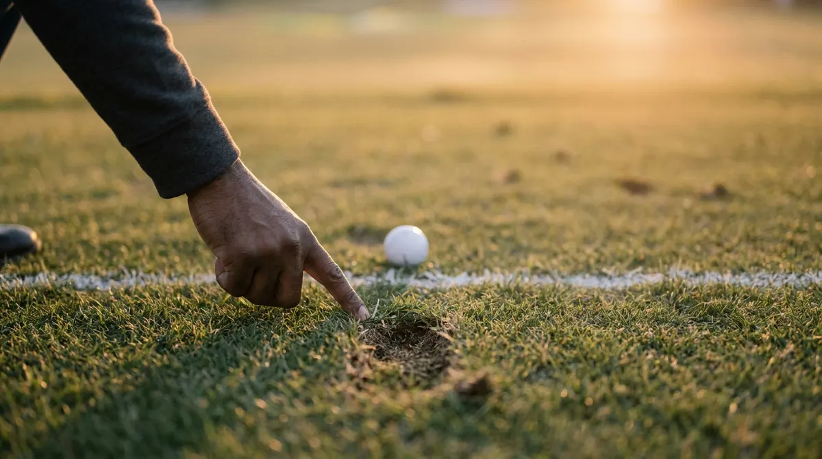 Nate's finger pointing at a fresh divot that starts on the near side of a chalk line, with the ball sitting just past the line, in low evening light.