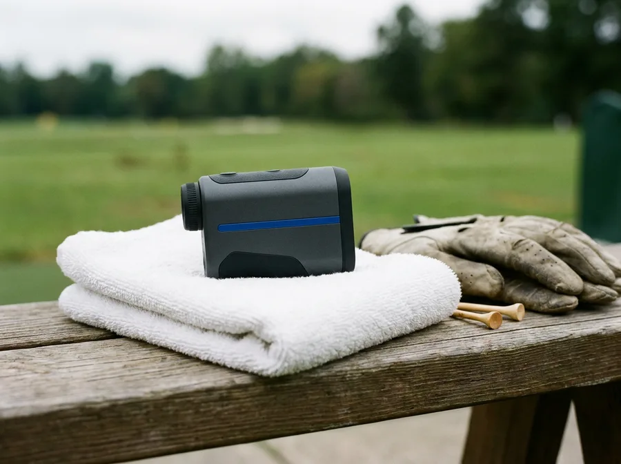 The Sightline S2 rangefinder, matte charcoal with a blue stripe, sitting on a folded towel on a range bench beside a worn glove and two tees.