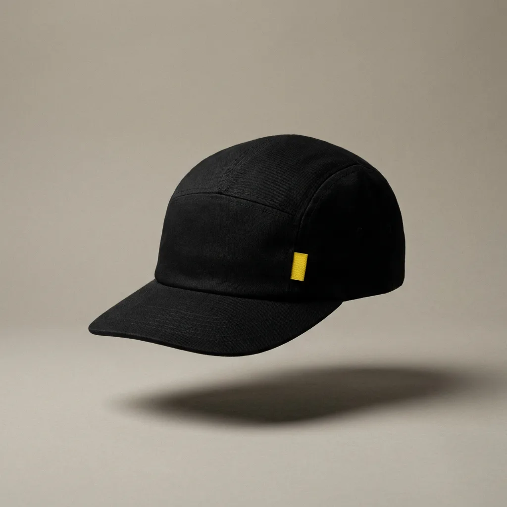 Hazard Camp Cap: an all-black five-panel cap with a small hazard-yellow tab on the side, floating on a grey studio backdrop.