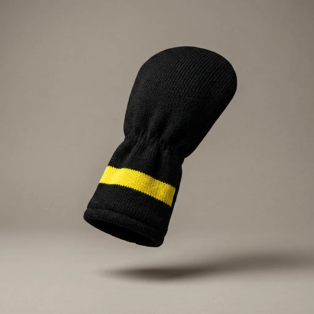 Lateral Headcover: a hand-knit black driver headcover with a single hazard-yellow stripe, floating on a grey studio backdrop.