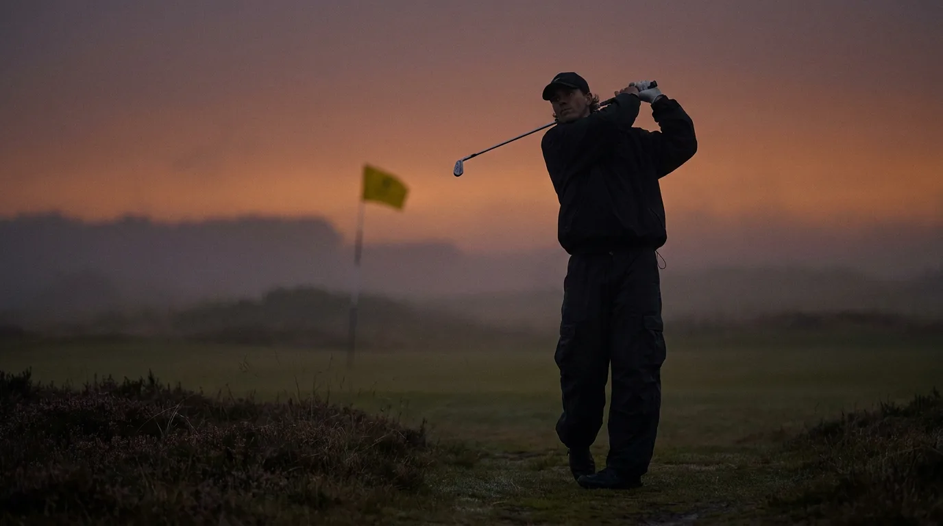 A golfer in an all-black shell finishes a swing at dusk, silhouetted against an orange sky, a hazard-yellow flag behind.