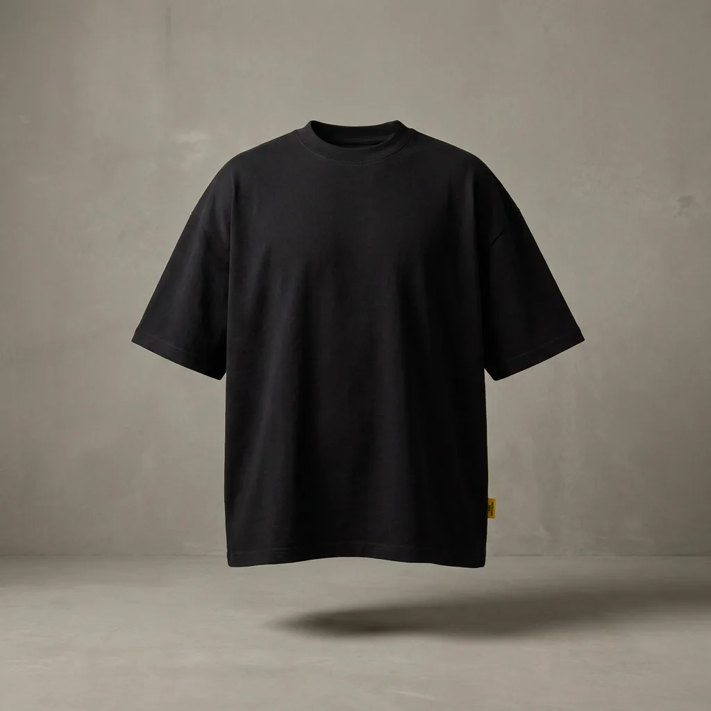 Provisional Tee: a heavyweight oversized black box tee with a small hazard-yellow woven label at the hem, floating on a grey studio backdrop.