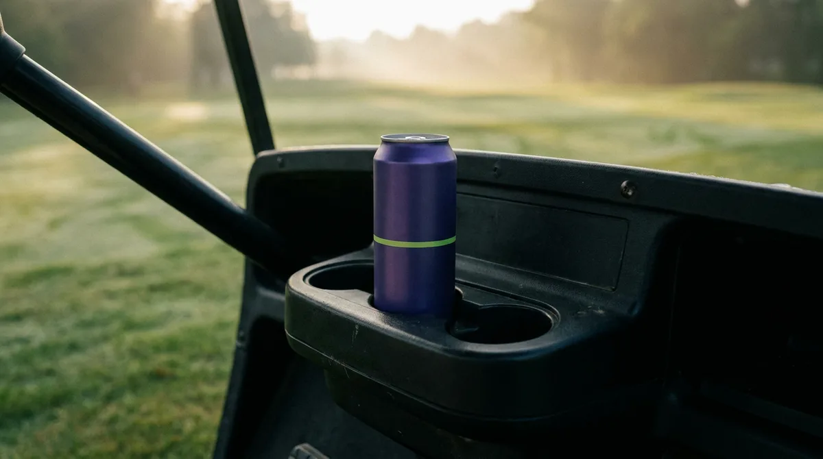 A violet can of Provisional cold brew in a golf cart cupholder, fairway at sunrise behind it.