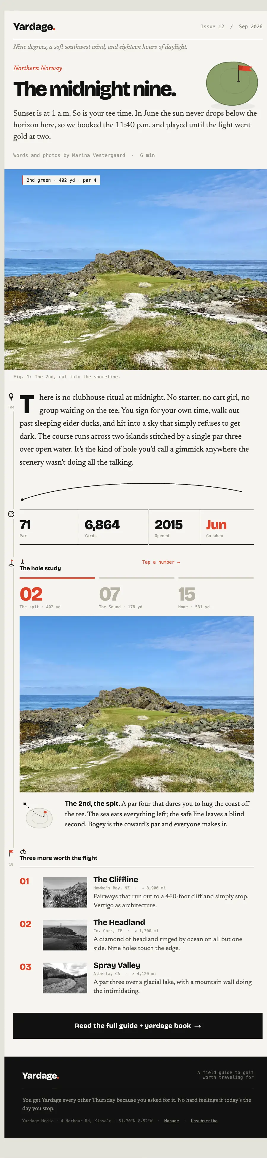 Example newsletter from an invented creator: Yardage, Issue 12